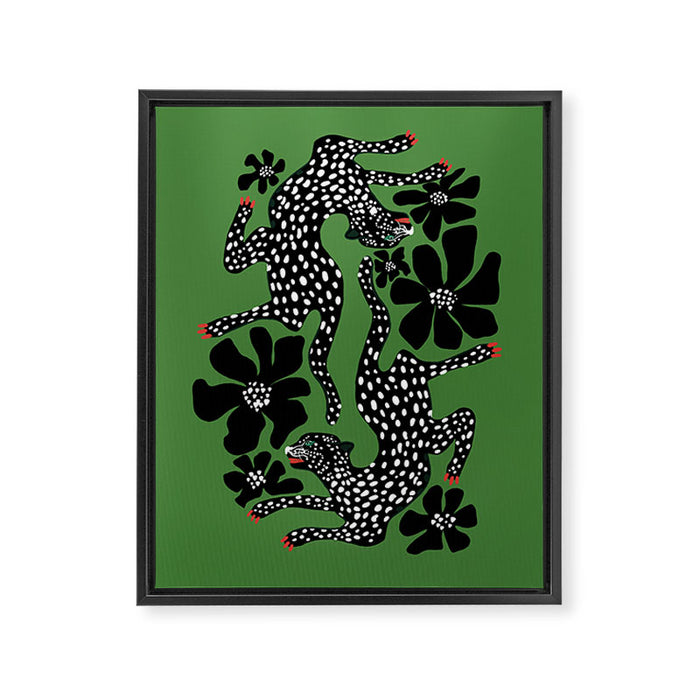 Leopards pattern art print on green background Framed Canvas Print Gallery Image 1