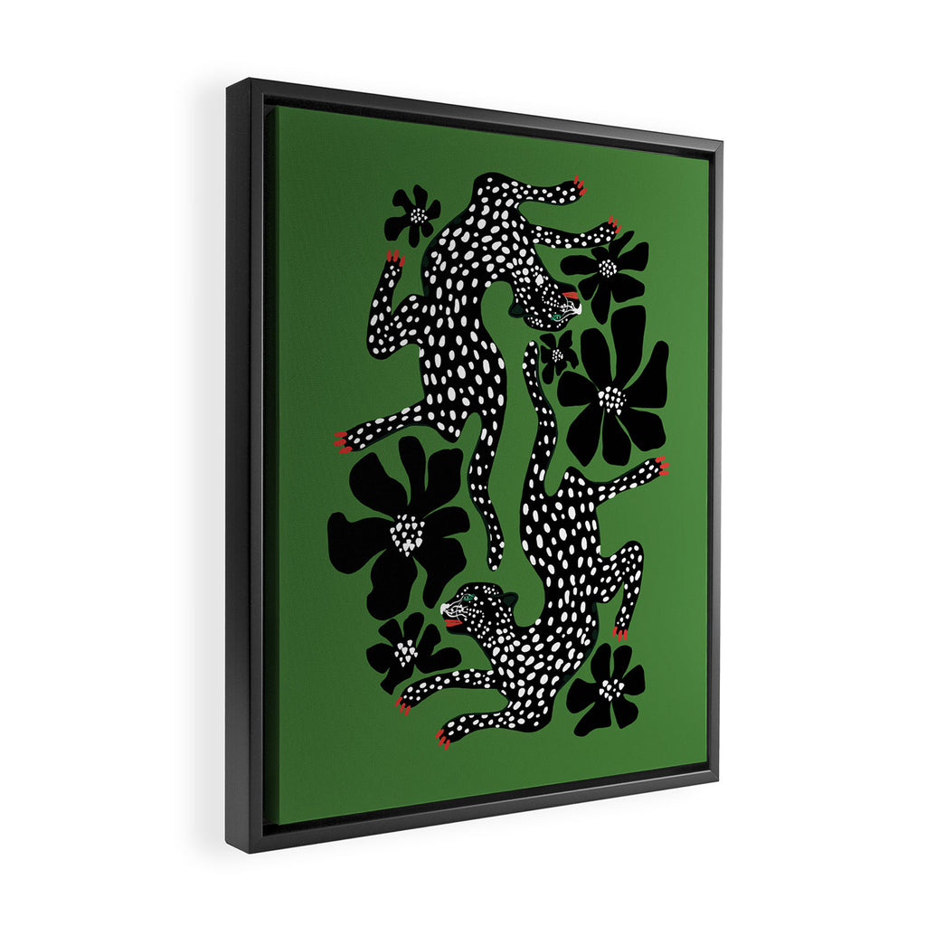 Leopards pattern art print on green background Framed Canvas Print Gallery Image 2