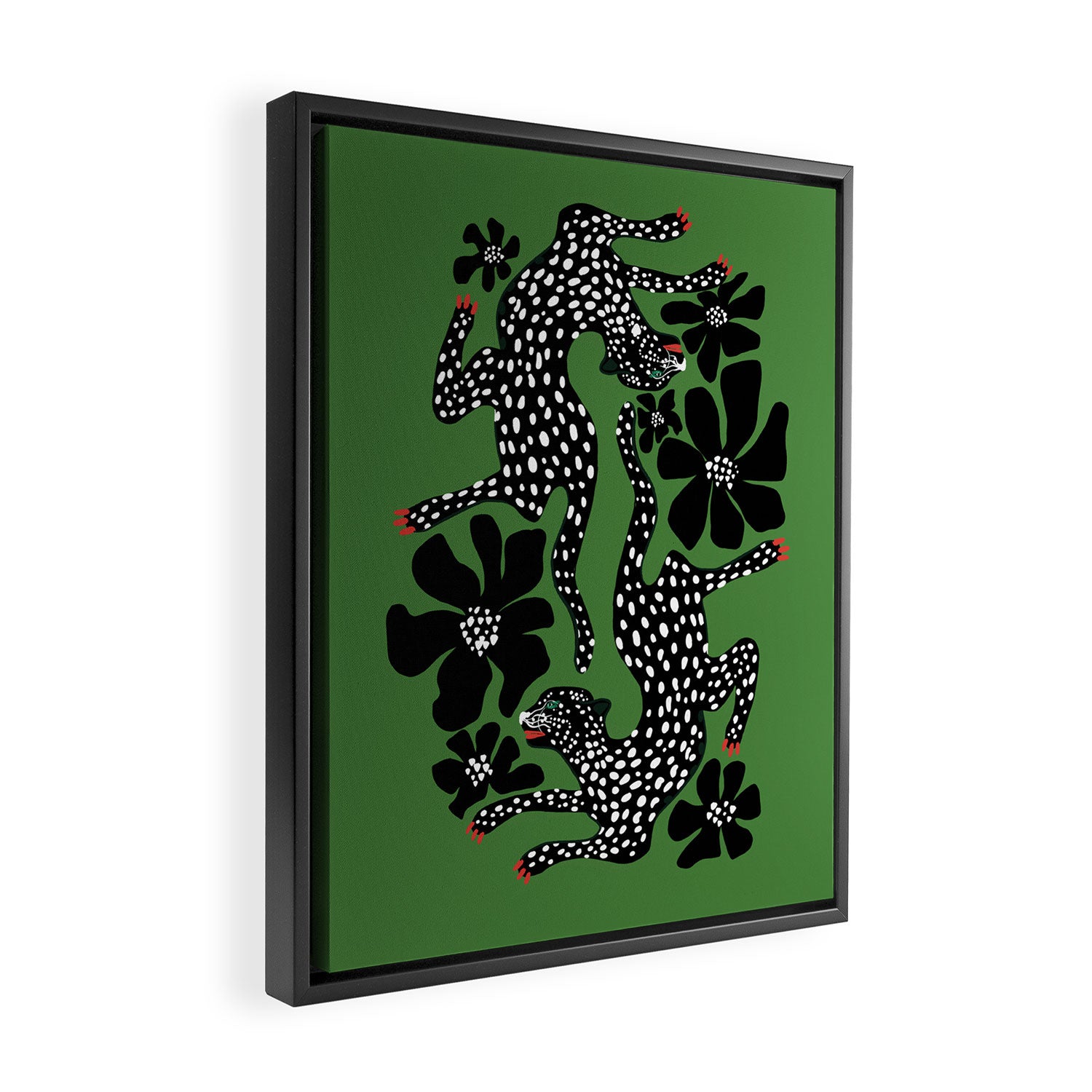 Leopards pattern art print on green background Framed Canvas Print Gallery Image 2