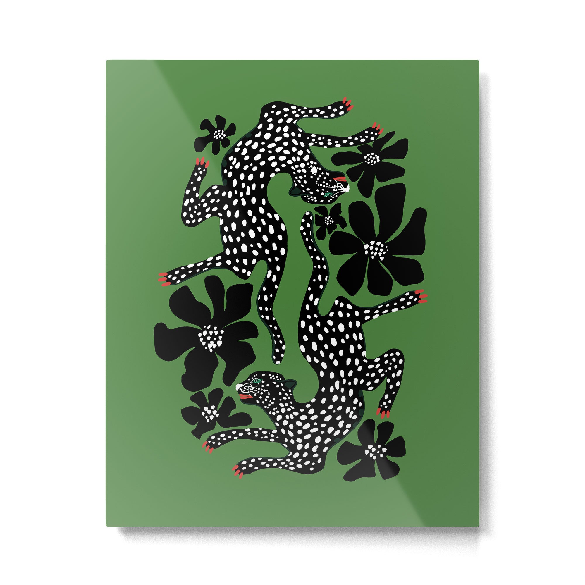Leopards pattern art print on green background Metal Print Gallery Image 6