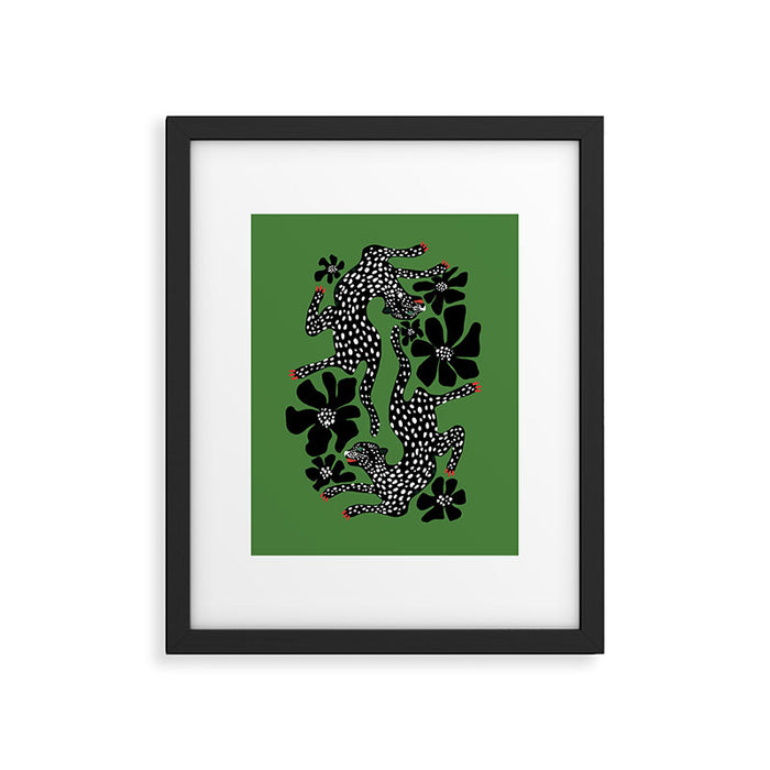 Leopards pattern art print on green background Framed Art Print Gallery Image 1