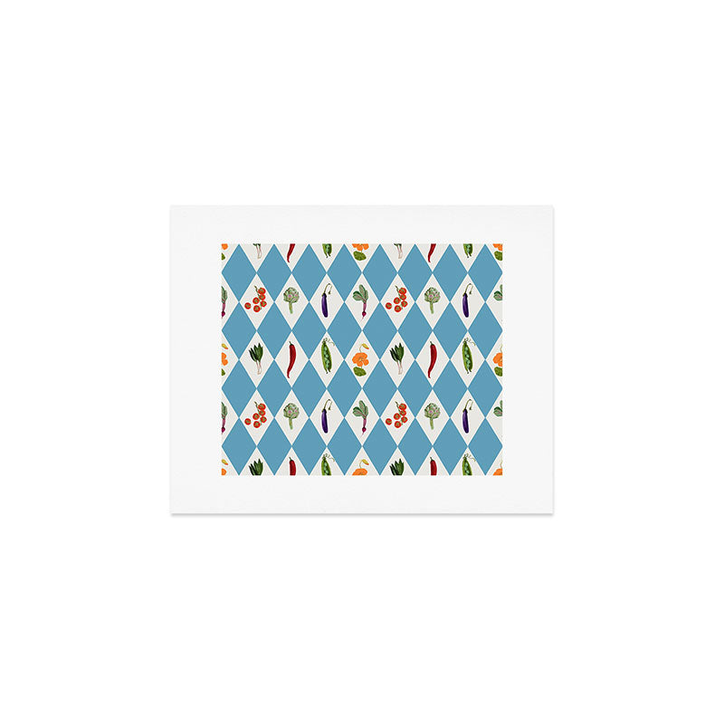 Mediterranean Vegetable Harlequin Pattern  Blue Diamond Garden  with Tomato Eggplant and Artichoke Art Print Gallery Image 1