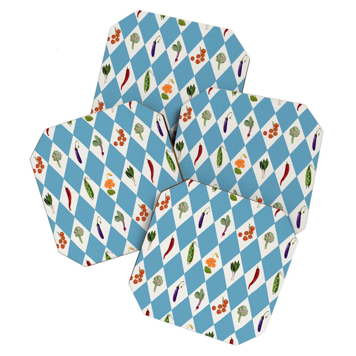 Mediterranean Vegetable Harlequin Pattern  Blue Diamond Garden  with Tomato Eggplant and Artichoke Coaster Gallery Image 1