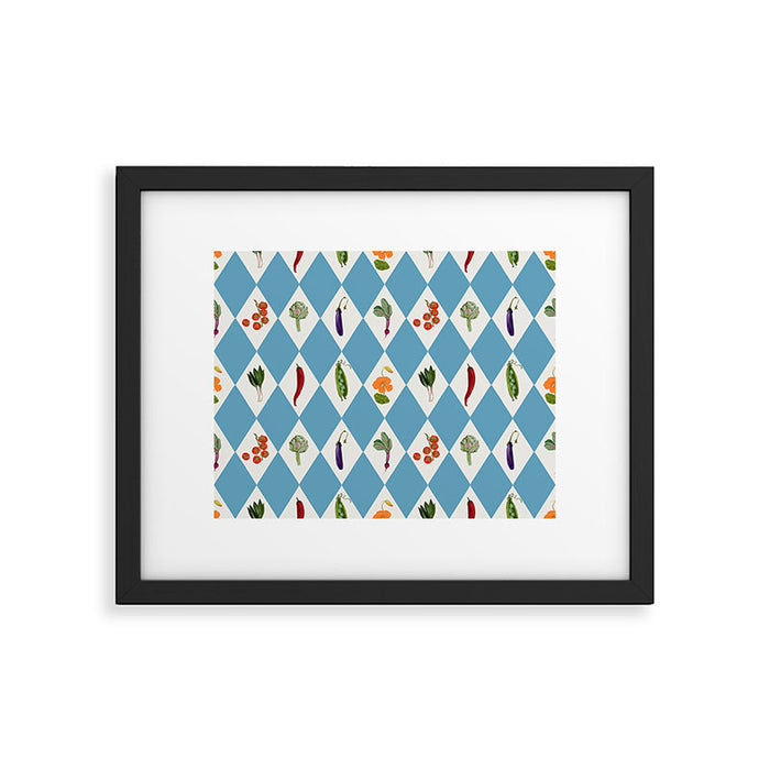 Mediterranean Vegetable Harlequin Pattern  Blue Diamond Garden  with Tomato Eggplant and Artichoke Framed Art Print Gallery Image 1