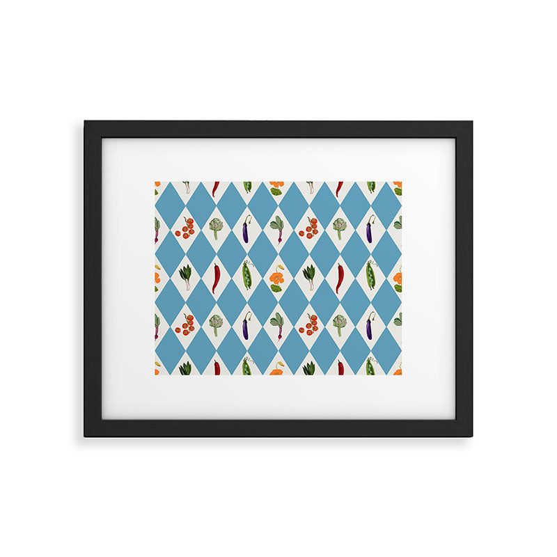 Mediterranean Vegetable Harlequin Pattern  Blue Diamond Garden  with Tomato Eggplant and Artichoke Framed Art Print Gallery Image 5