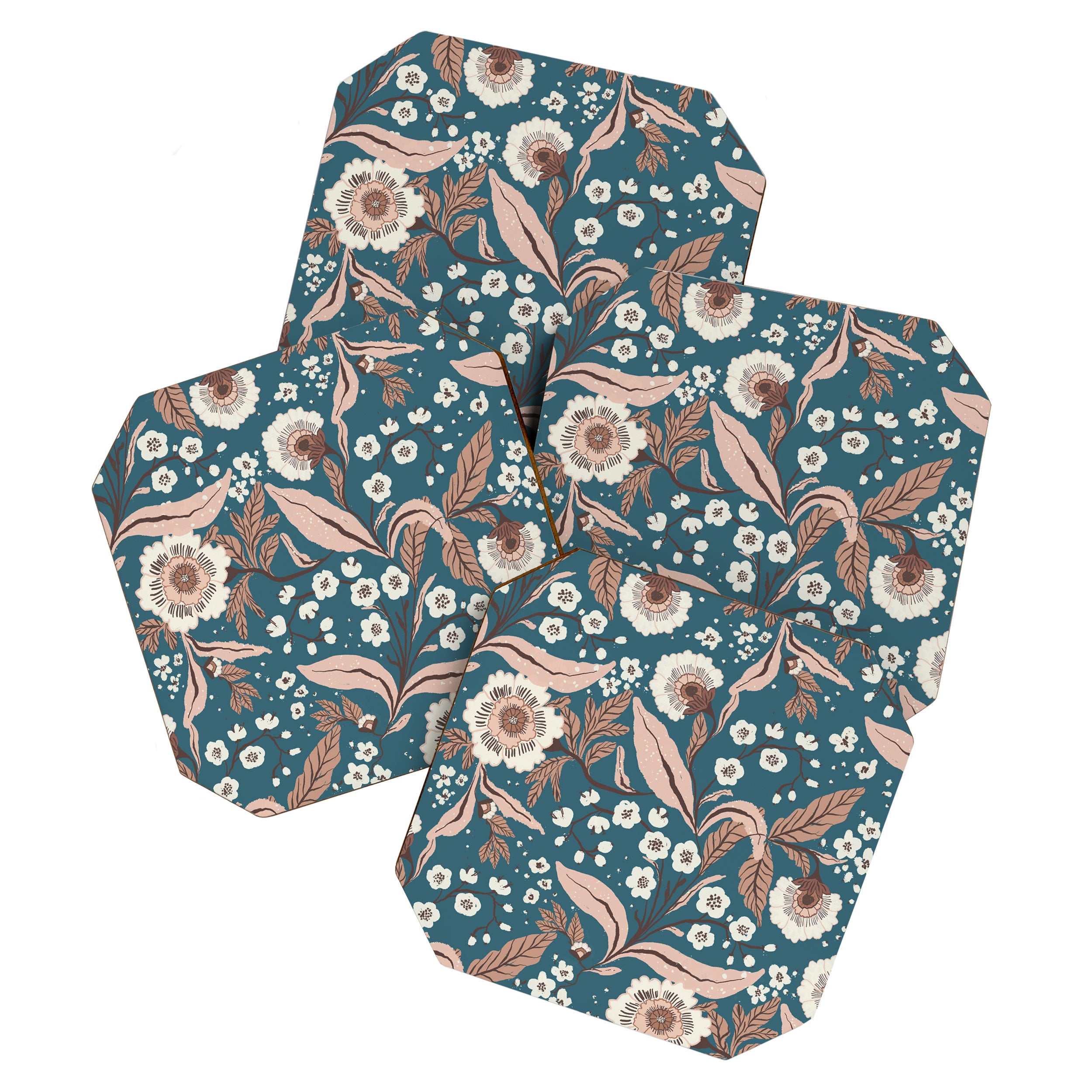 Mocha Mousse and Teal Winter Floral Pattern Elegant Vintage Botanical Design  Coaster Gallery Image 1