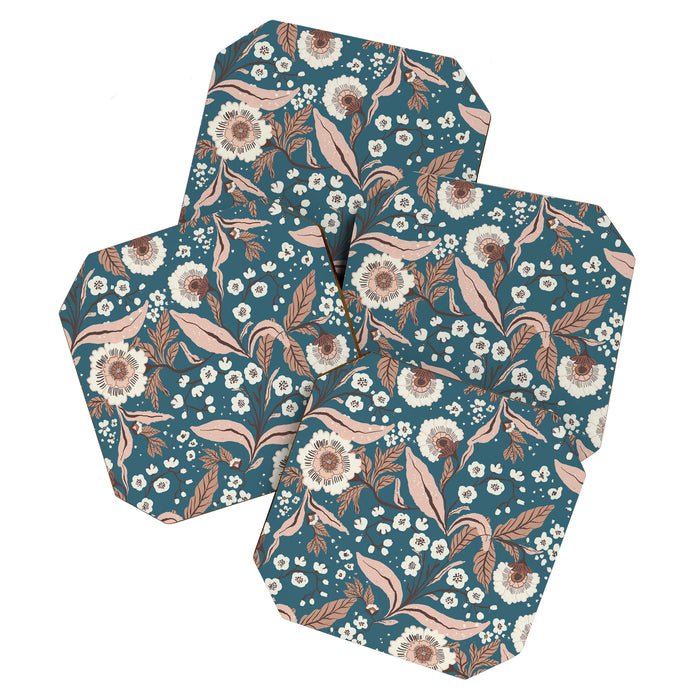Mocha Mousse and Teal Winter Floral Pattern Elegant Vintage Botanical Design  Coaster Gallery Image 1