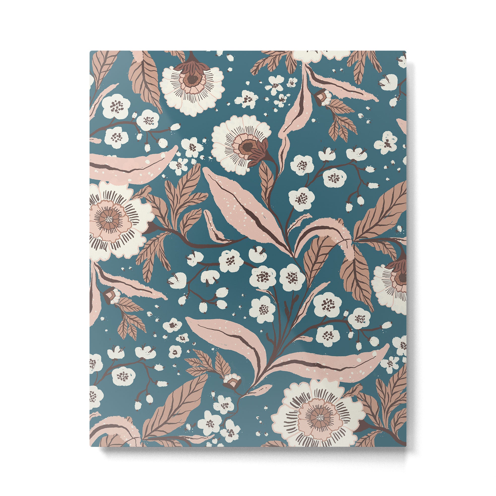 Mocha Mousse and Teal Winter Floral Pattern Elegant Vintage Botanical Design  Metal Print Gallery Image 6