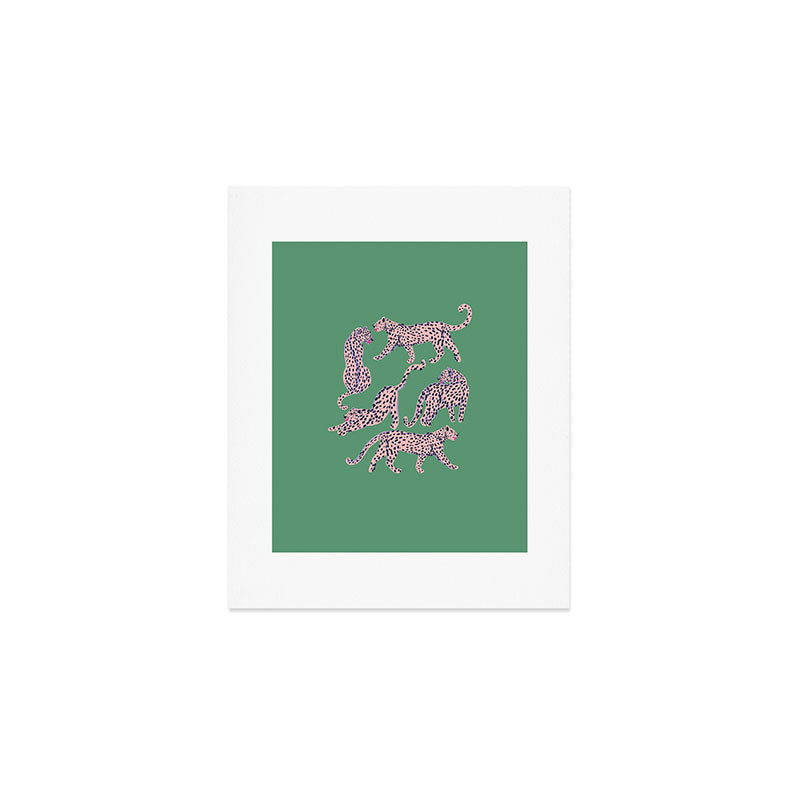 Modern abstract pink leopards in emerald green background  Art Print Gallery Image 1