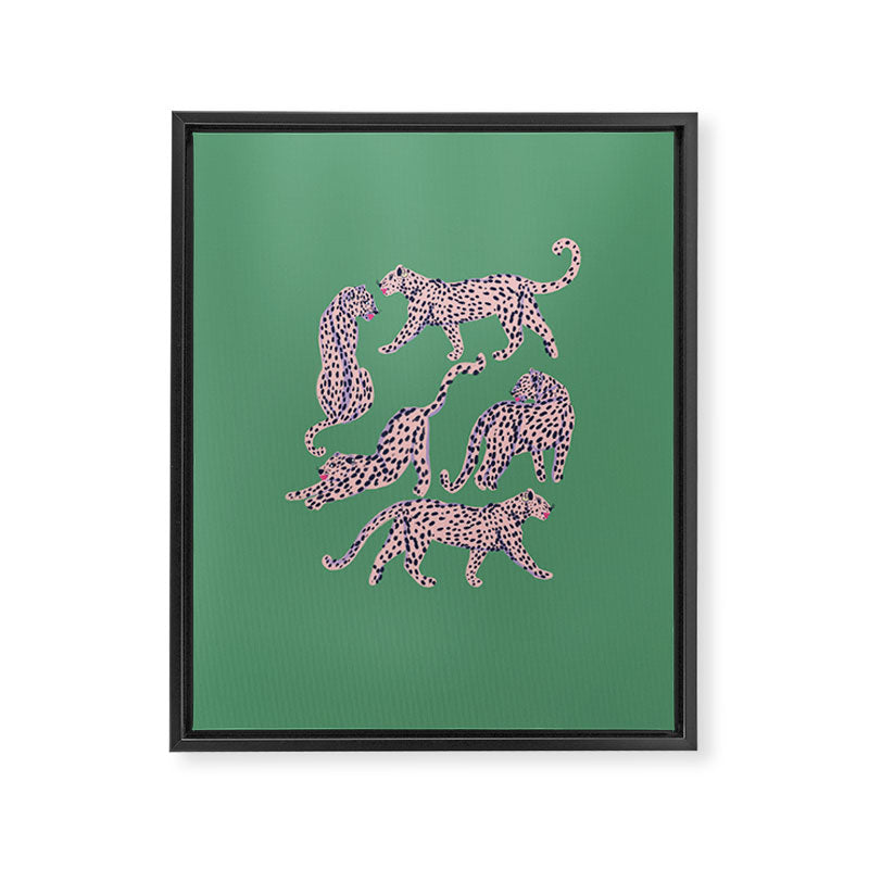 Modern abstract pink leopards in emerald green background  Framed Canvas Print Gallery Image 8