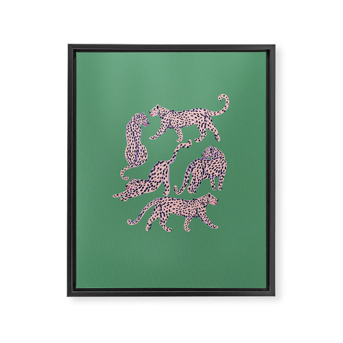 Modern abstract pink leopards in emerald green background  Framed Canvas Print Gallery Image 1