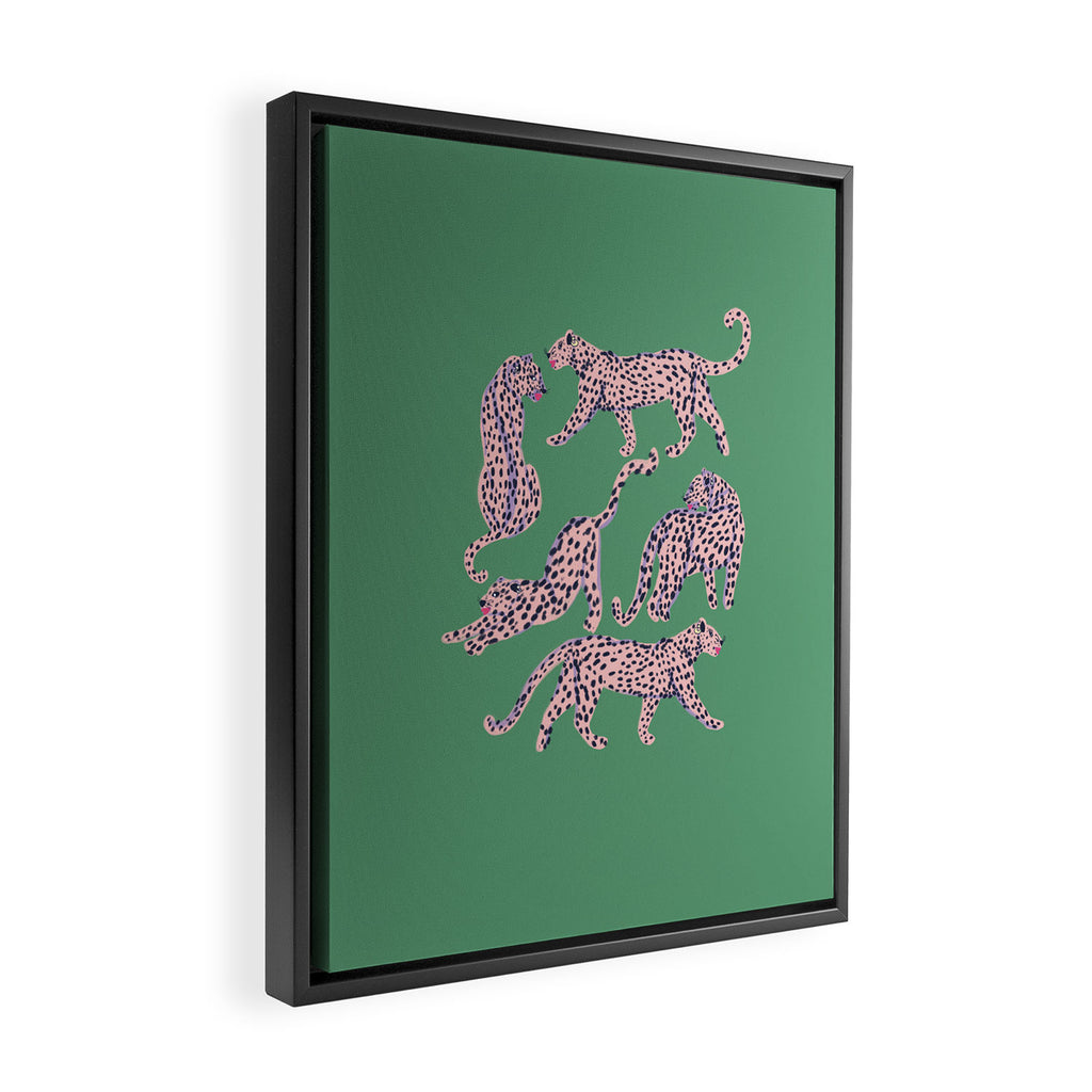 Modern abstract pink leopards in emerald green background  Framed Canvas Print Gallery Image 2