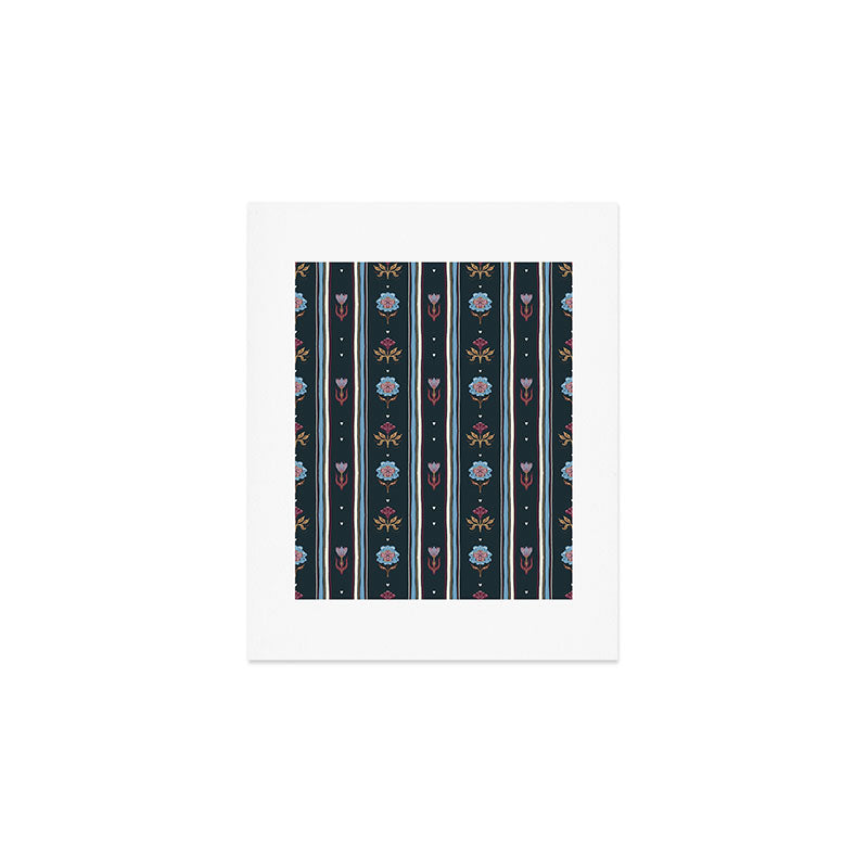 Navy Folk Floral Stripe Art Print Gallery Image 1