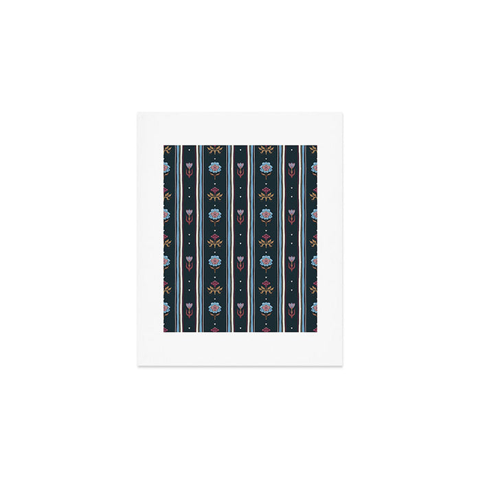 Navy Folk Floral Stripe Art Print Gallery Image 1