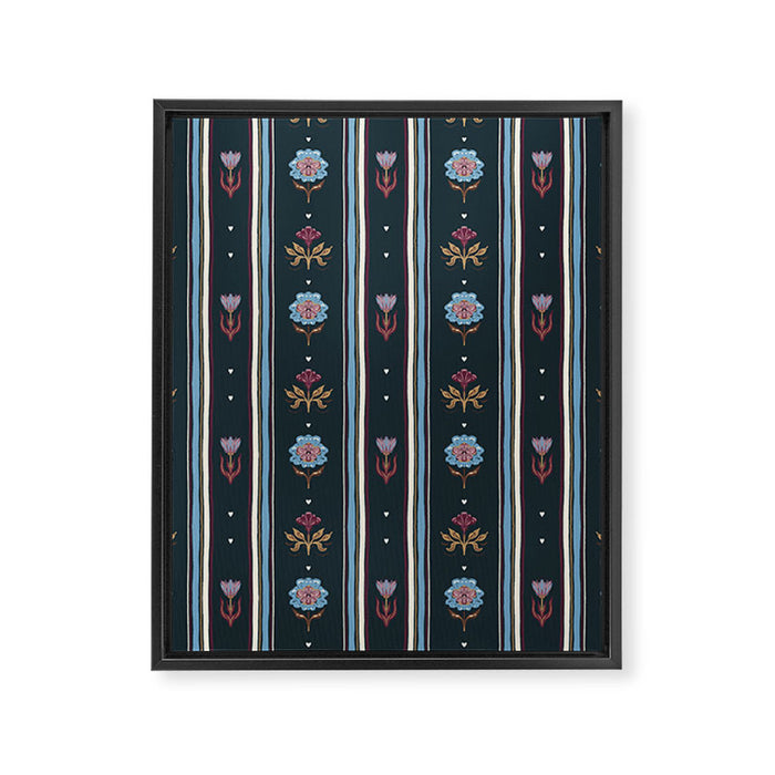 Navy Folk Floral Stripe Framed Canvas Print Gallery Image 1