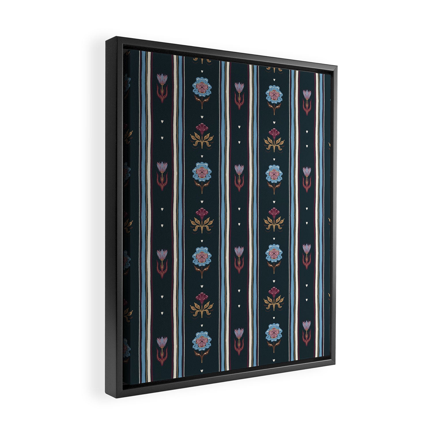 Navy Folk Floral Stripe Framed Canvas Print Gallery Image 2