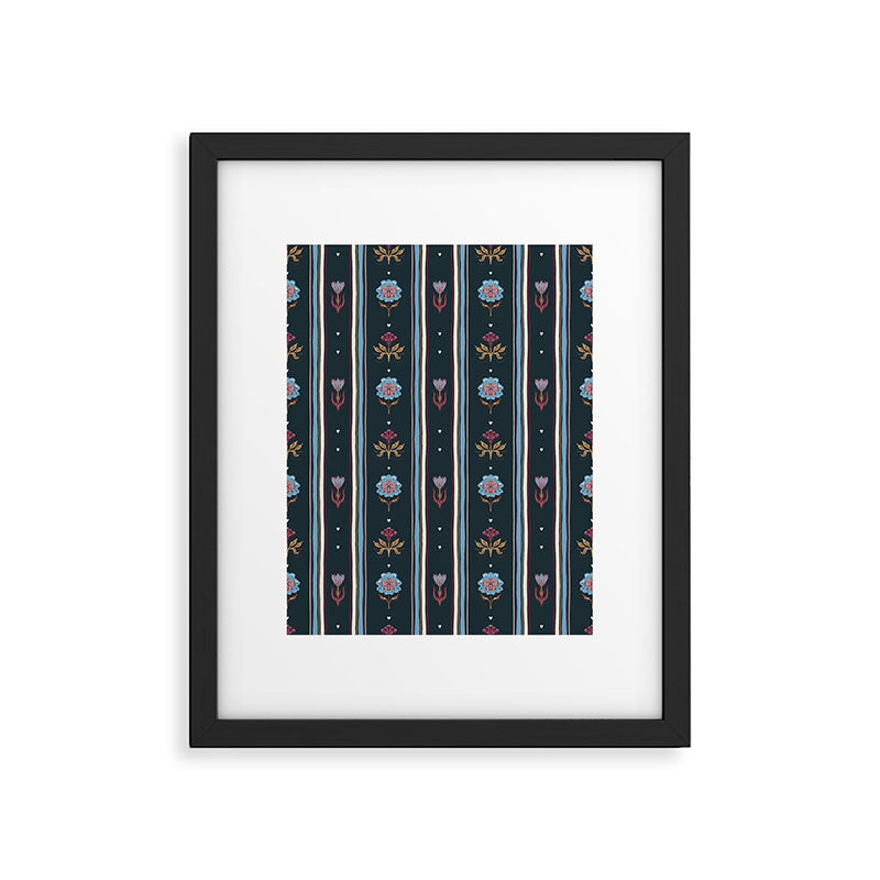 Navy Folk Floral Stripe Framed Art Print Gallery Image 6