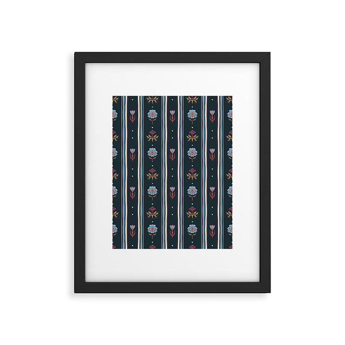 Navy Folk Floral Stripe Framed Art Print Gallery Image 1