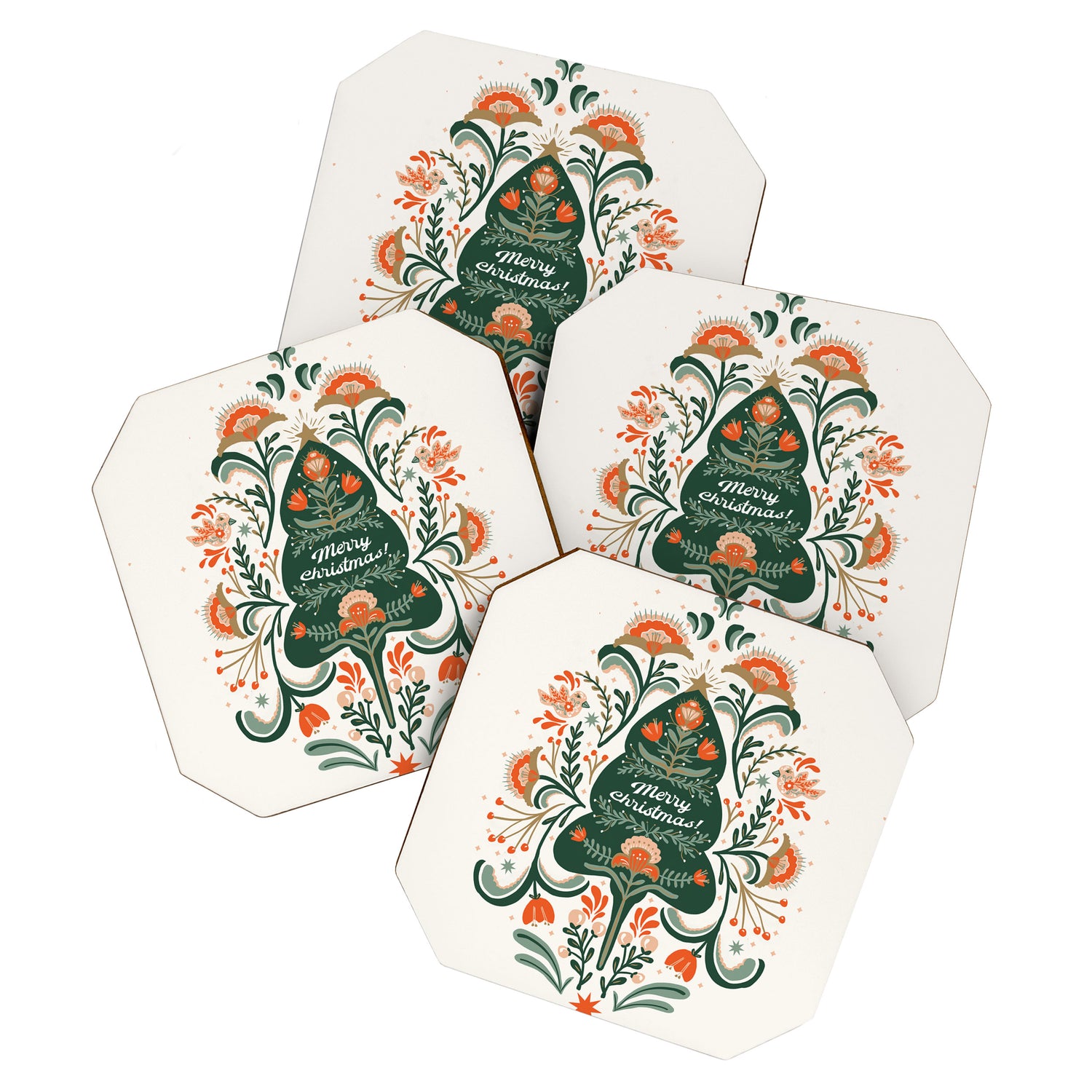 Nordic Christmas tree with red flowers and Scandinavian ornaments  Coaster Gallery Image 1