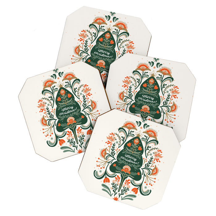 Nordic Christmas tree with red flowers and Scandinavian ornaments  Coaster Gallery Image 1
