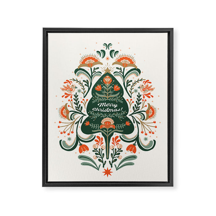 Nordic Christmas tree with red flowers and Scandinavian ornaments  Framed Canvas Print Gallery Image 1