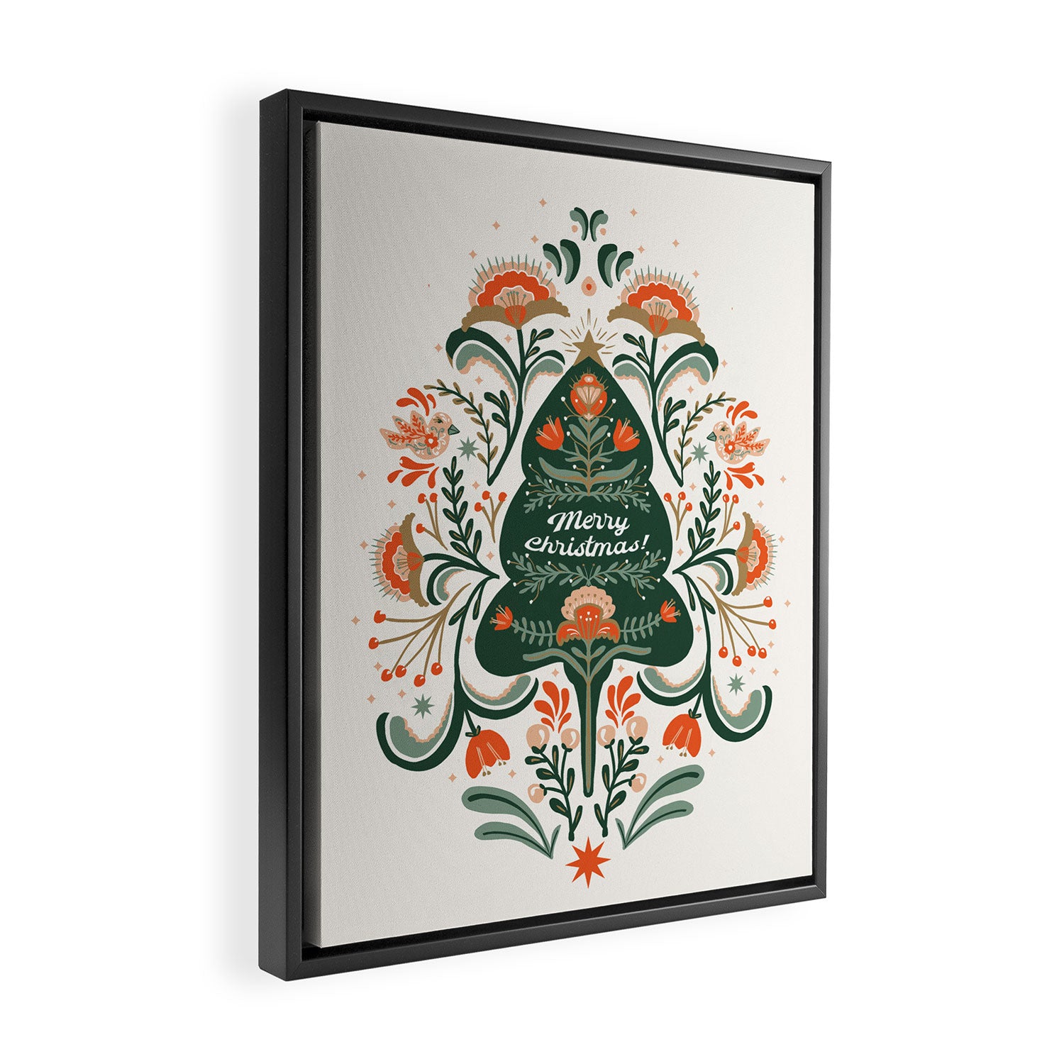 Nordic Christmas tree with red flowers and Scandinavian ornaments  Framed Canvas Print Gallery Image 2