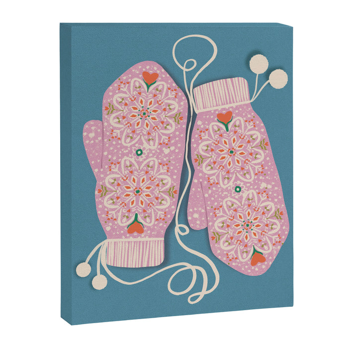 Pink Snowflake Mittens and Hearts on Blue Winter Pattern Canvas Print Gallery Image 1