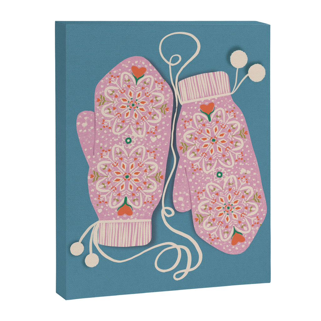 Pink Snowflake Mittens and Hearts on Blue Winter Pattern Canvas Print Gallery Image 6