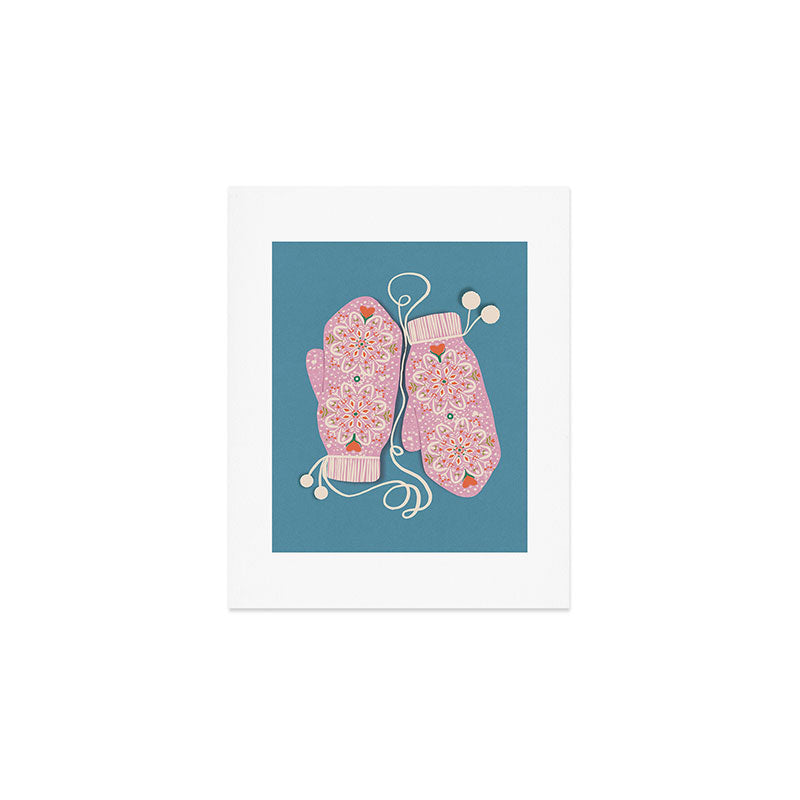 Pink Snowflake Mittens and Hearts on Blue Winter Pattern Art Print Gallery Image 1