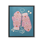Pink Snowflake Mittens and Hearts on Blue Winter Pattern Framed Canvas Print Gallery Image 6