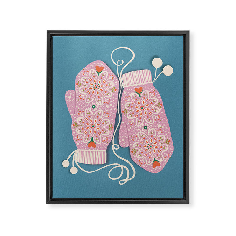 Pink Snowflake Mittens and Hearts on Blue Winter Pattern Framed Canvas Print Gallery Image 6