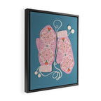 Pink Snowflake Mittens and Hearts on Blue Winter Pattern Framed Canvas Print Gallery Image 2