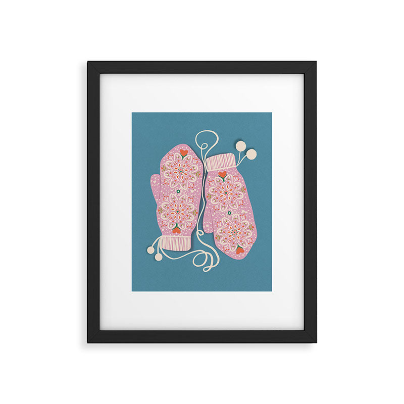 Pink Snowflake Mittens and Hearts on Blue Winter Pattern Framed Art Print Gallery Image 5
