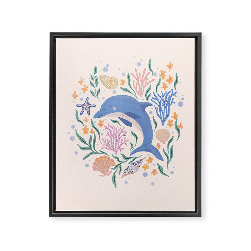 Playful Dolphin and Coral Reef Framed Canvas Print Gallery Image 6