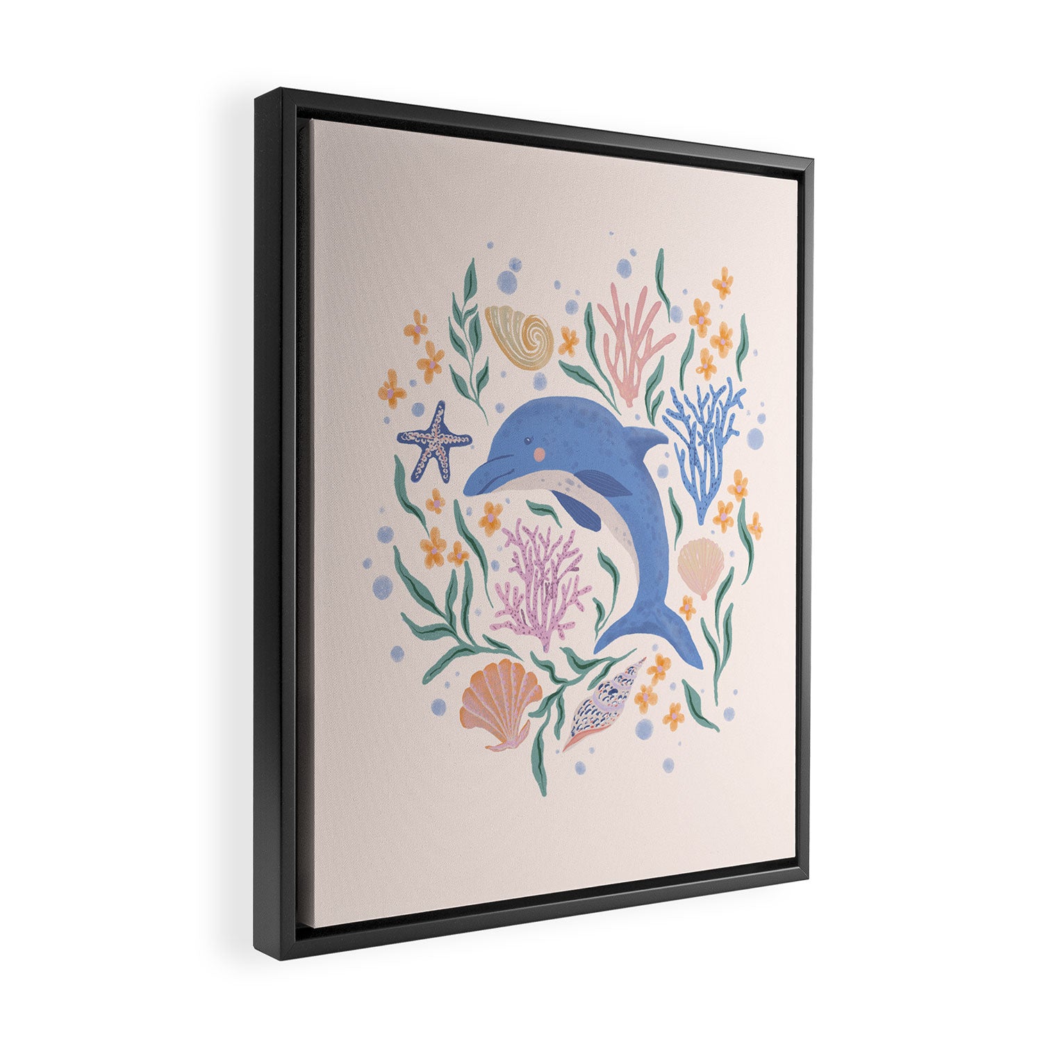 Playful Dolphin and Coral Reef Framed Canvas Print Gallery Image 2