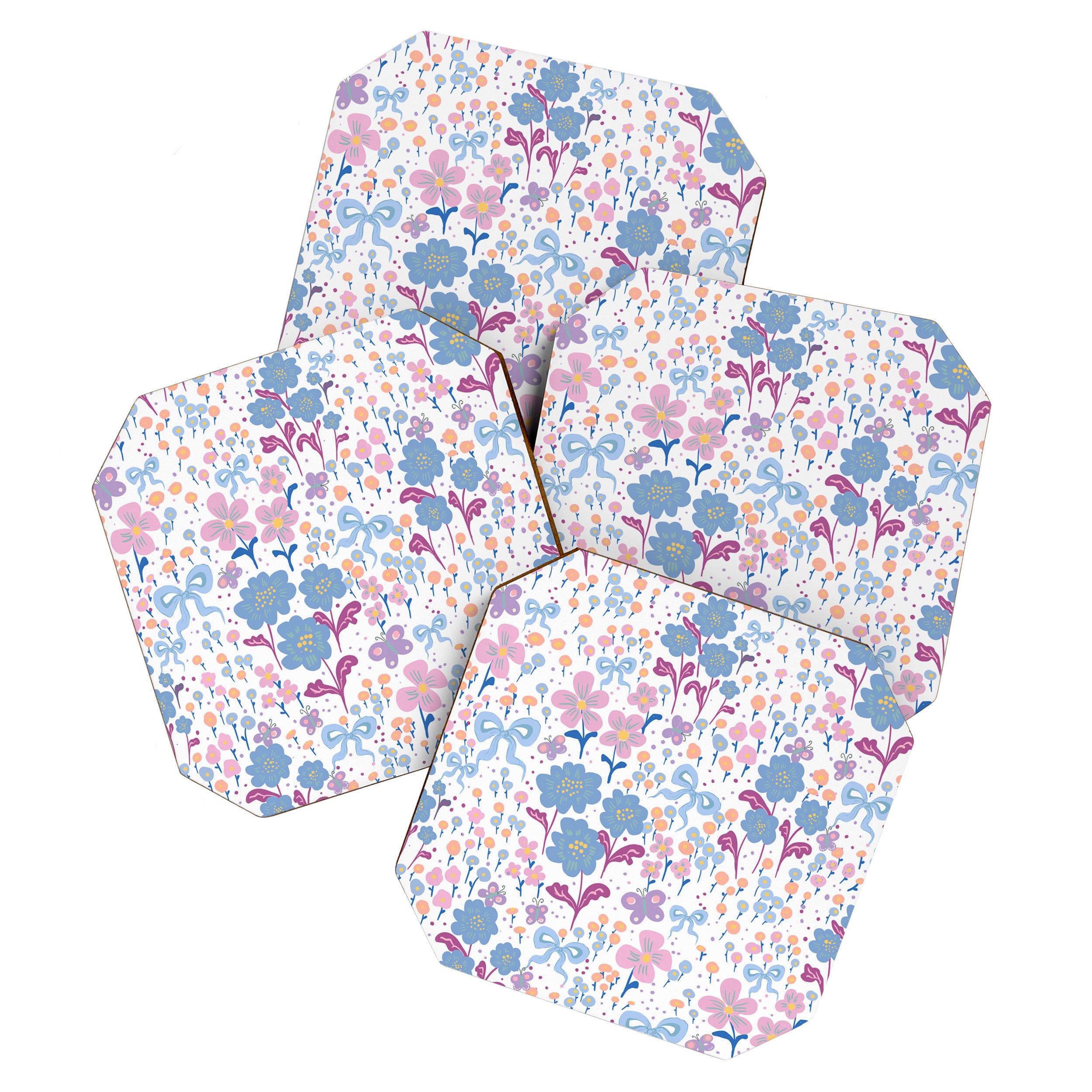 Playful Floral Garden Pattern  Pink Blue and Lavender Flowers with Butterflies and Bows Coaster Gallery Image 1