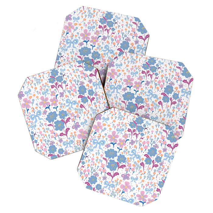 Playful Floral Garden Pattern  Pink Blue and Lavender Flowers with Butterflies and Bows Coaster Gallery Image 1