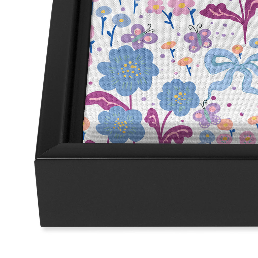 Playful Floral Garden Pattern  Pink Blue and Lavender Flowers with Butterflies and Bows Framed Canvas Print Gallery Image 3