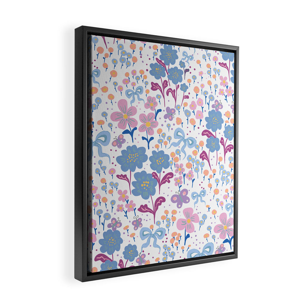 Playful Floral Garden Pattern  Pink Blue and Lavender Flowers with Butterflies and Bows Framed Canvas Print Gallery Image 2