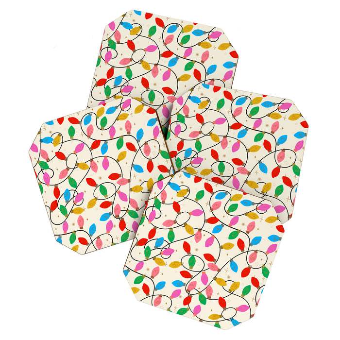 Playful Multicolor Christmas Lights Pattern on Cream Background Coaster Gallery Image 1