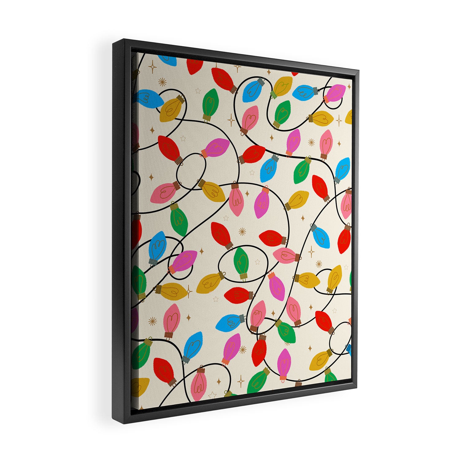 Playful Multicolor Christmas Lights Pattern on Cream Background Framed Canvas Print Gallery Image 2