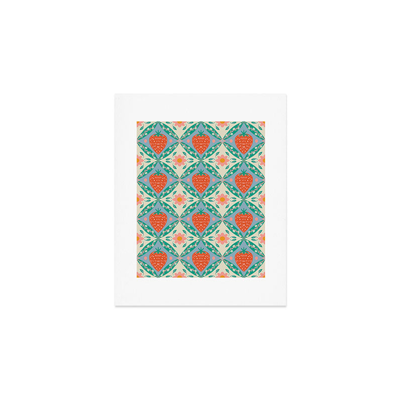 Playful Strawberry and Floral Geometric Pattern Art Print Gallery Image 1