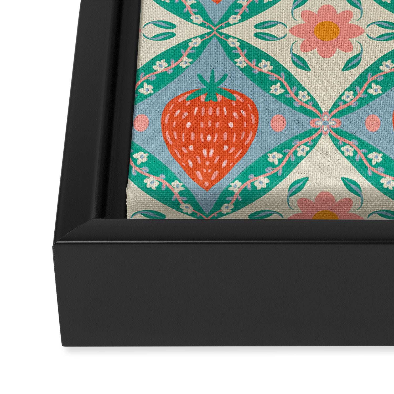 Playful Strawberry and Floral Geometric Pattern Framed Canvas Print Gallery Image 3