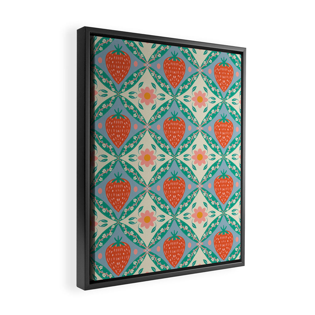 Playful Strawberry and Floral Geometric Pattern Framed Canvas Print Gallery Image 2