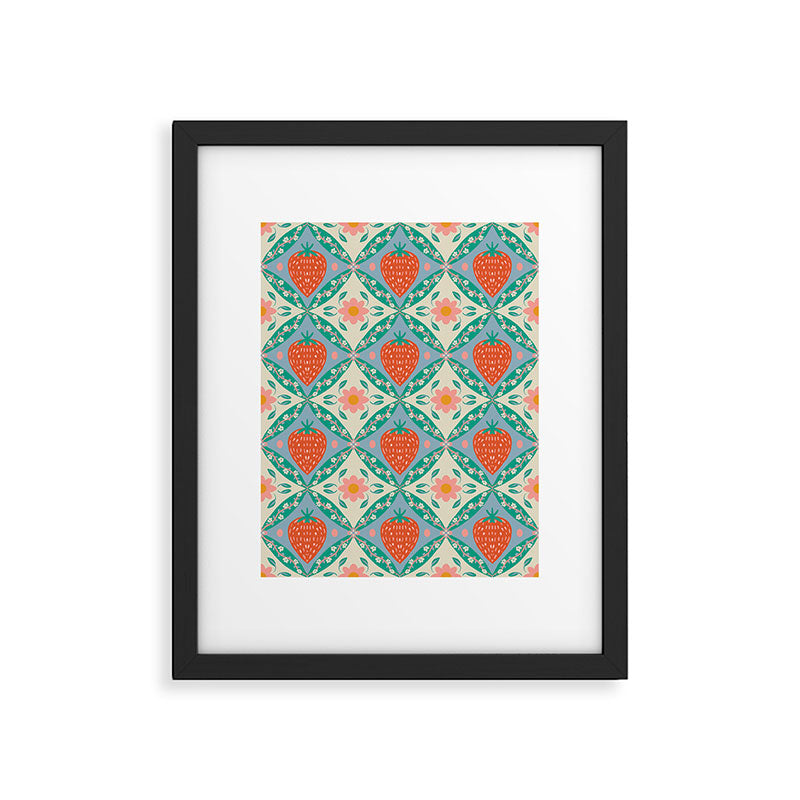 Playful Strawberry and Floral Geometric Pattern Framed Art Print Gallery Image 6