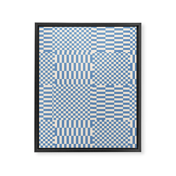 Retro check: Tranquil blue and ice cream white Framed Canvas Print Gallery Image 1