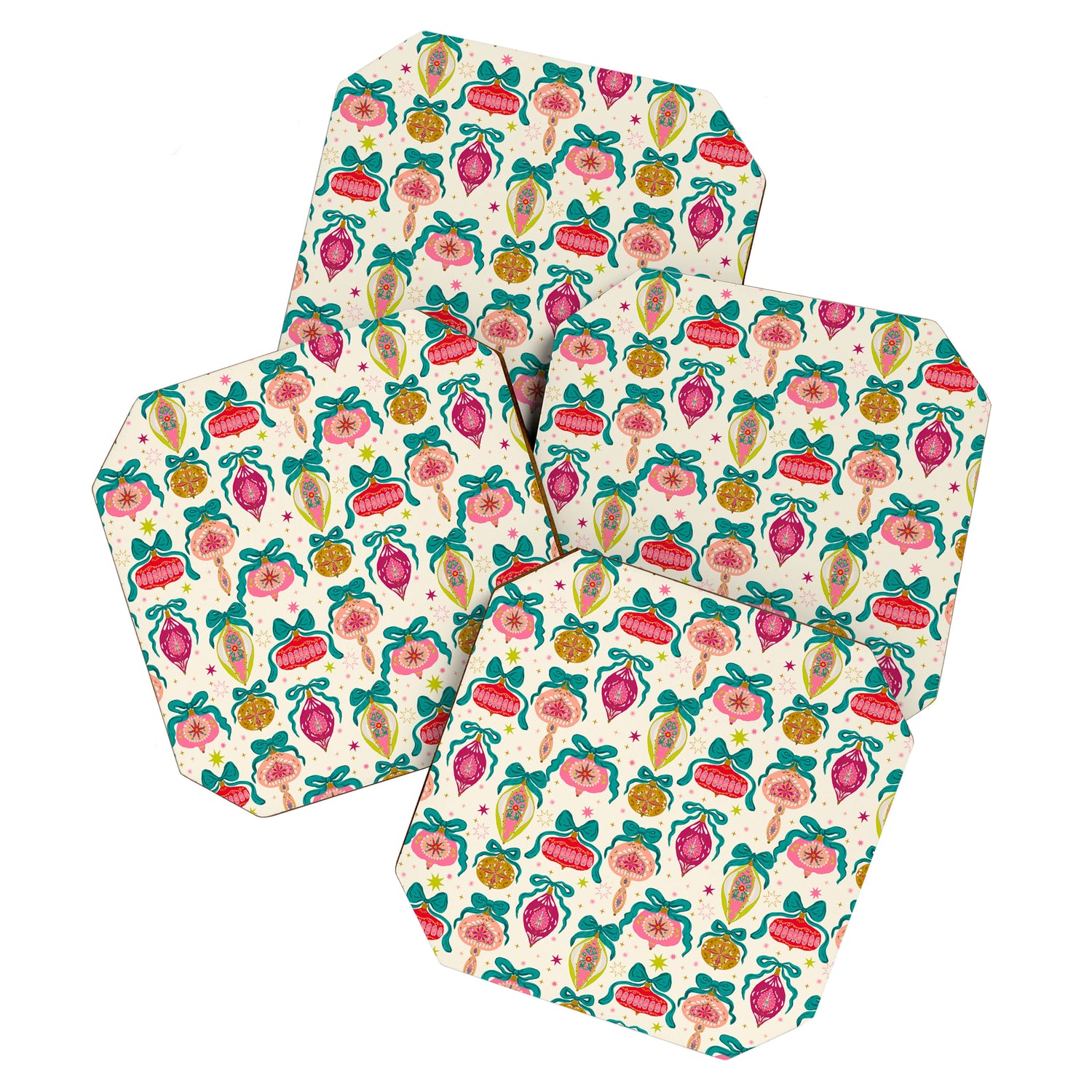 Retro Christmas Ornaments with Bow and Stars Holiday Pattern Coaster Gallery Image 1