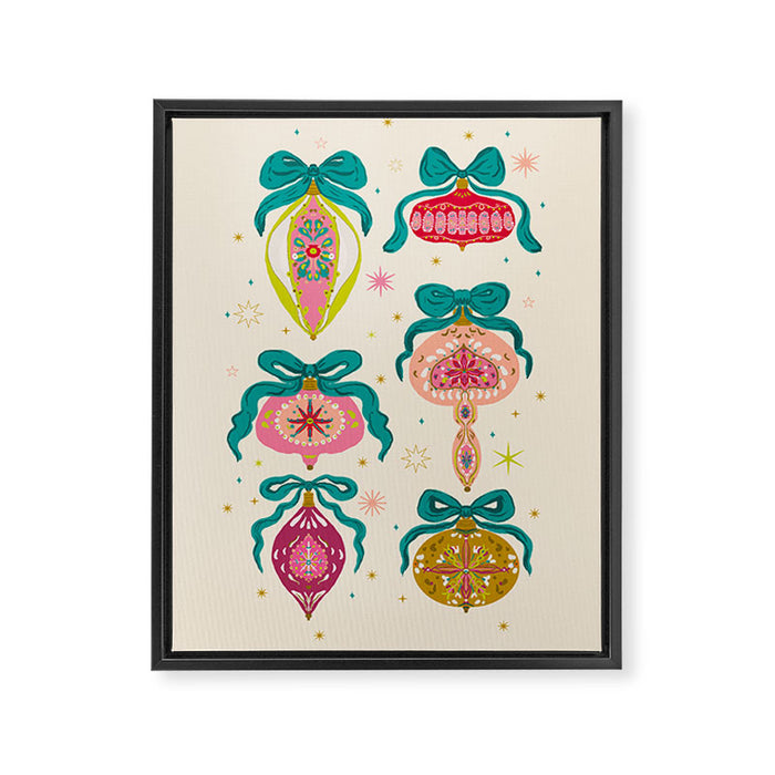 Retro Christmas Ornaments with Bow and Stars Holiday Pattern Framed Canvas Print Gallery Image 1