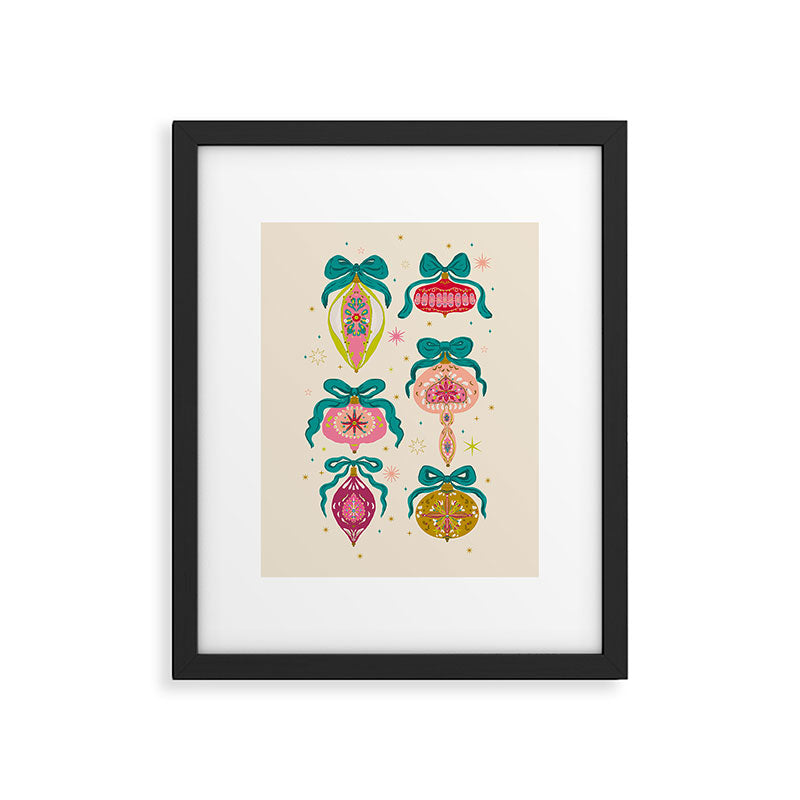 Retro Christmas Ornaments with Bow and Stars Holiday Pattern Framed Art Print Gallery Image 6