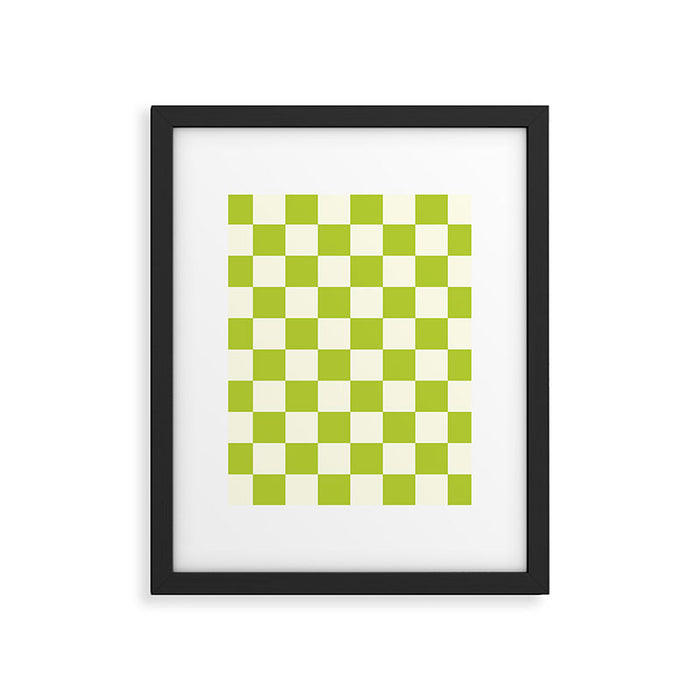 Retro vintage check: neon green and ice cream white Framed Art Print Gallery Image 1